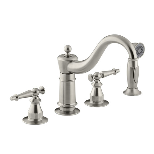 Kohler K-158-4-BN Antique Two Handle Kitchen Faucet with Side Spray - Brushed Nickel