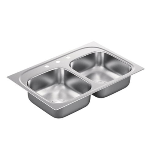 Moen G222173 2200 Series 22 Gauge 3 Hole Double Bowl Drop in Kitchen Sink - Stainless Steel